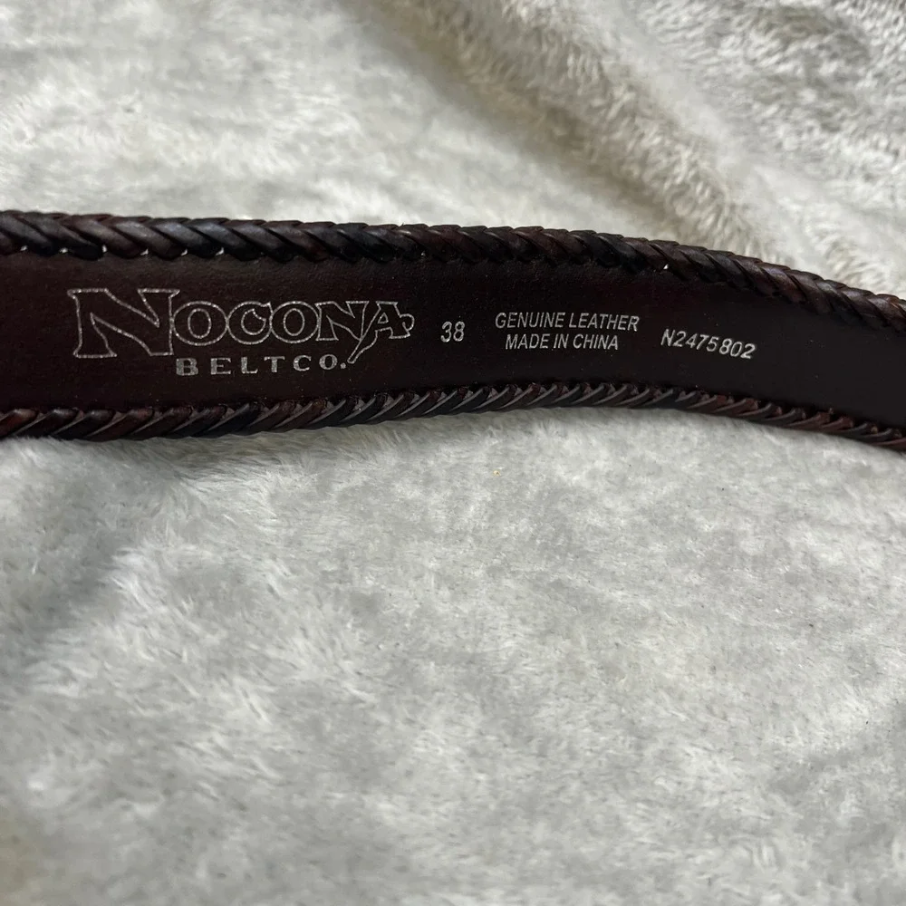 Nocona Belt Co‎ Mens 38 Brown Leather Western Belt Engraved Buckle Rustic Rugged